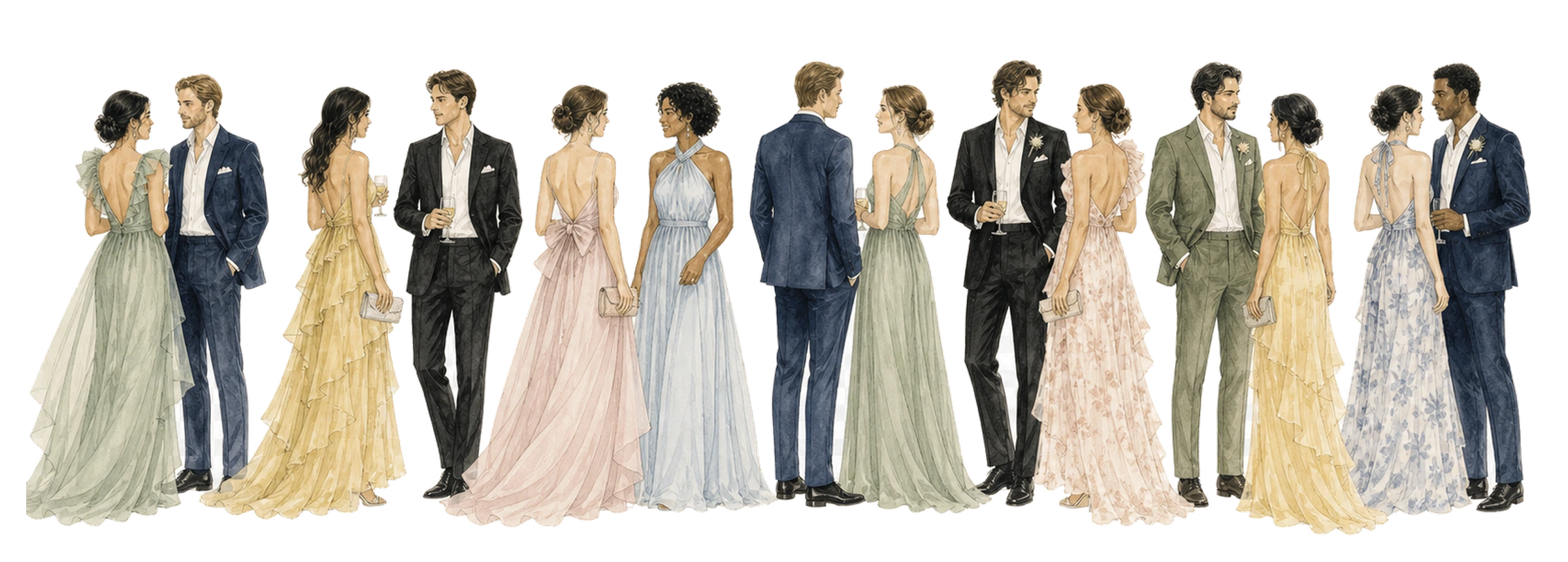 Ilustração em aquarela de convidados com trajes sociais elegantes
